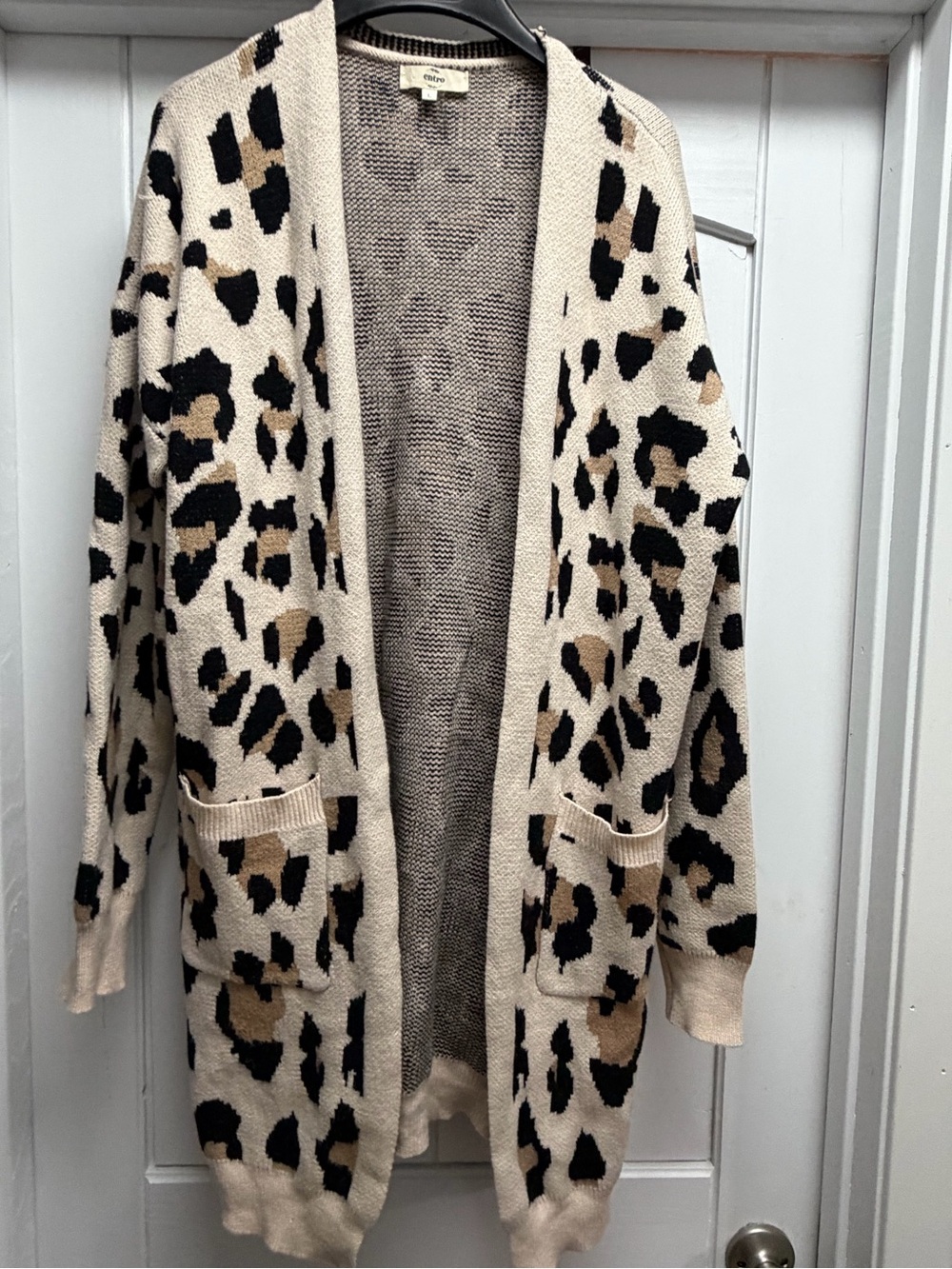 Entro brand Leopard Print Open-Front long Cardigan Sweater - Beige/Black/Tan